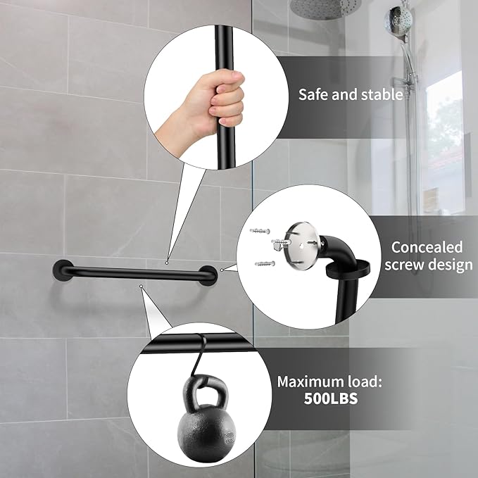 ZUEXT 16 Inch Oil Rubbed Black Stainless Steel Shower Grab Bar, Bathroom Safety Hand Rail, 500 Lbs Pull Force, Concealed Mount, Modern Sleek Style
