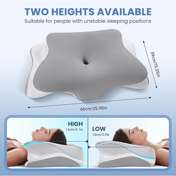 JINXIA Cervical Neck Pillow for Sleeping, Odorless Memory Foam Pillows & Cooling Cover, Ergonomic Orthopedic Neck Support Pillow for Side Back Stomach Sleepers, Neck and Shoulder Pain Relief, Gray