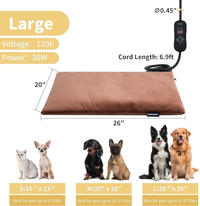 Large Dog Heating Pad & Heated Pet Bed for Big Dogs and Multiple Pets, Waterproof Pet Heating Pad with 5 Adjustable Heat Settings, Timer, Auto Shut-Off and Chew Resistant Cord, 26'' x 20''