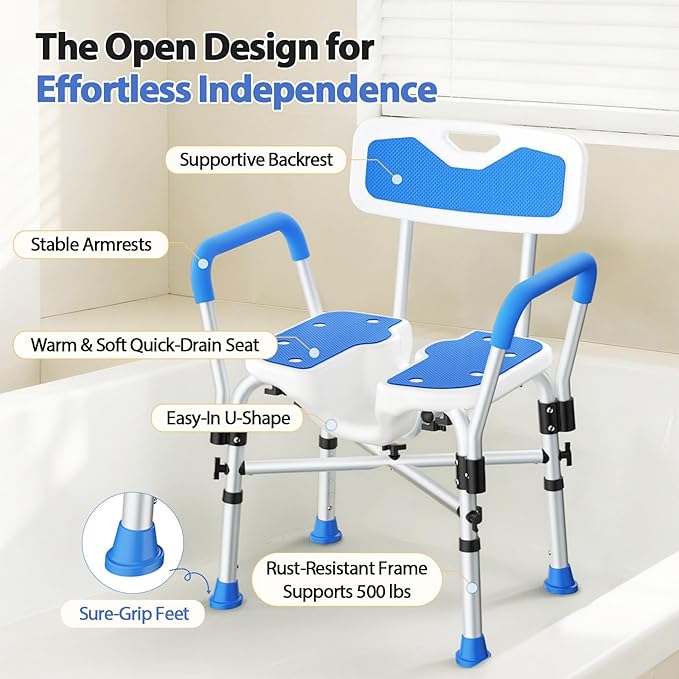 Heavy Duty Shower Chair for Inside Shower FSA/HSA Eligible, 500LBS Shower Chair with Arms & Back, Padded Bath Seat with U-Shaped Cutout, Anti-Slip Adjustable Bath Stool for Seniors, Handicap, Pregnant