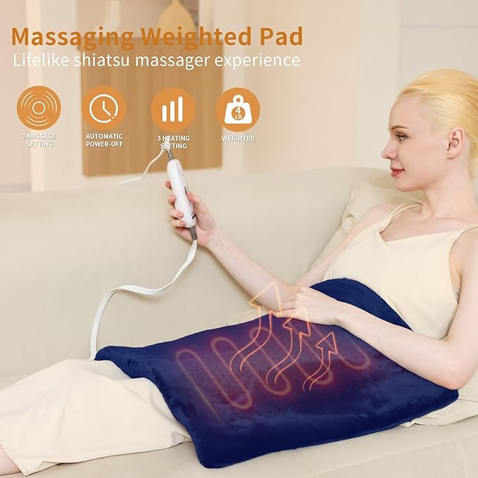 Massaging Weighted Heating Pad,Heating Pads for Back and Shoulders,Electric Heat Pad with 3 Heat Settings 6 Massage & Moist Heat Options,Auto Off,Gifts for Women Men Mom,12"*24",Dark Blue