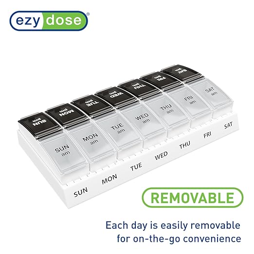 EZY DOSE Weekly (7-Day) Daily AM/PM Pill Case, Medicine Planner, Vitamin Organizer, Supplement Container, Small Pop-out Compartments, Designed for Travel, 2 Times a Day, Black and Clear Lids