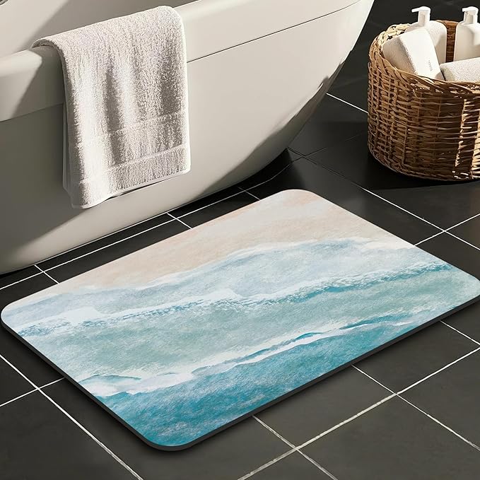 Quick Dry Bath Mat for Bathroom,Super Absorbent Beach Welcome Bath Rug Non-Slip Rubber Backing,Machine Washable Bathroom Floor Mat for Shower, Tub, Sink Area Coastal Beach (16"x24"+30"x20")