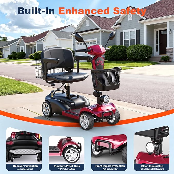 15/25/30/50Miles Eldryvon 4 Wheels Electric Mobility Scooter for Seniors, Dual Basket, 350W Powered Wheelchair with Rotating Seat, Mirrors, Foldable Motorized Scooter for Adults (Red, 25Miles)