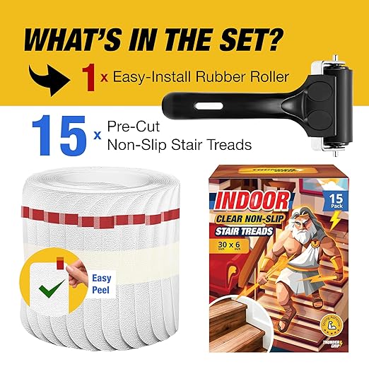 Clear Stair Treads Non-Slip 30"x6" - 15-Pack Indoor Stair Grips Non Slip for Wooden Steps - Anti Slip Adhesive Strips for Dogs & Elderly - Staircase Step Treads - Transparent Treads for Wood Stairs