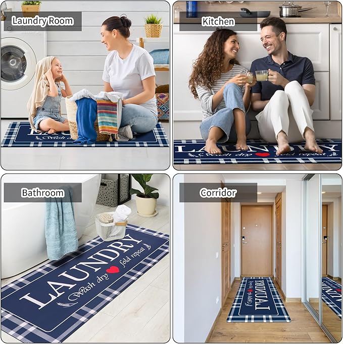 XLHOMO Laundry Room Rugs and Mats, 17"x47" Buffalo Plaid Navy Blue Laundry Room Rug Washable Non Slip, Farmhouse Laundry Mats for Floor, Mudroom, Kitchen, Washroom, Bathroom, Entryway Carpet Decor