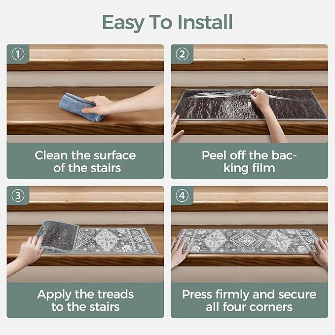 sarben Non Slip Stair Treads for Wooden Steps 15PCS - 8"x30" Indoor Safety Carpet, Edging Mats with TPE Adhesive Backing, Pet and Elderly Friendly Stair Rugs (Charcoal)