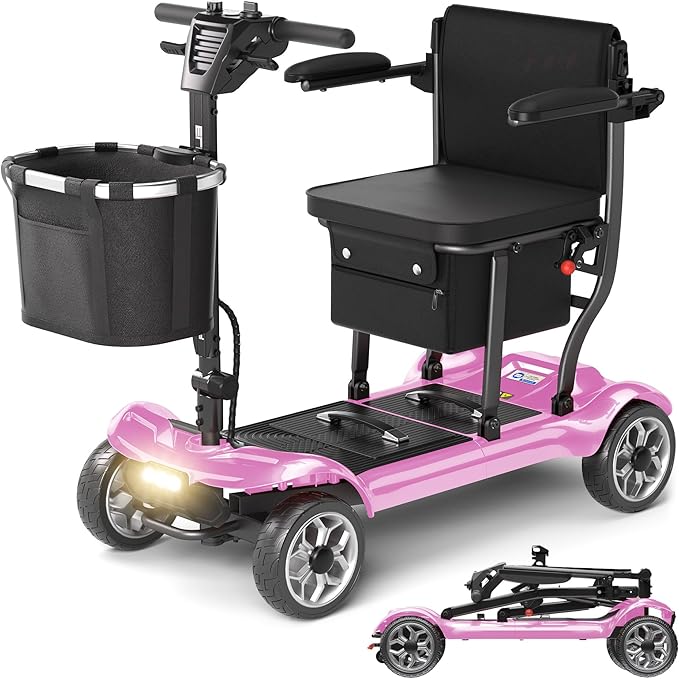Lightweight Mobility Scooter for Adults & Seniors - Cruise & Airport Approved, 43lb Foldable Portable Motorized Scooters with Dual Lithium Batteries for 24.8 Miles Travel, 300lb Capacity, Pink