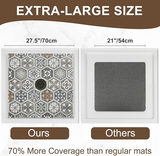 Square Shower Mat Non Slip: 27x27 Inch Extra Large Shower Mats for Inside Shower, Anti Slip Shower Floor Mat, Loofah Shower Stall Mats for Elderly, Non Slip Shower Mat with Drain Hole in Middle