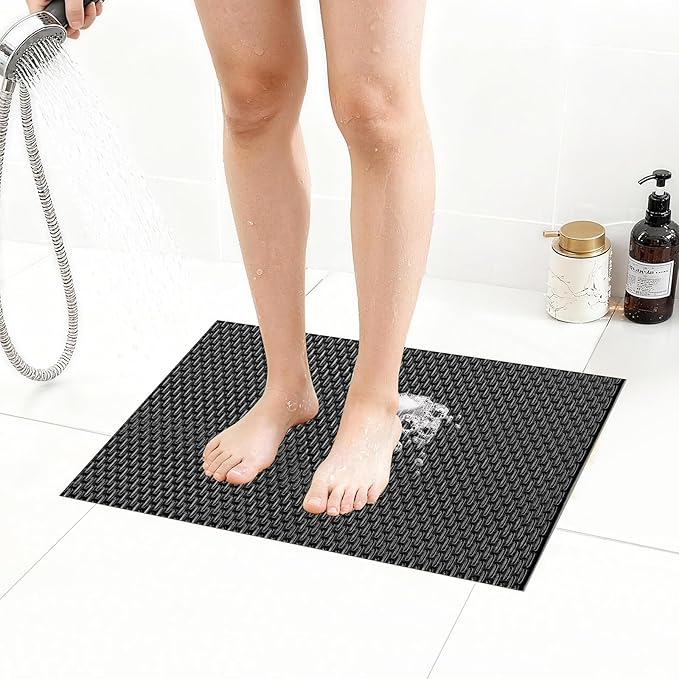 Extra Large Non-Slip Shower Mat, Fast-Dry PVC Bath Stall & Tub Mat, Drain-Hole Design,for Shower Stall Tub for Elderly/Kids，Non Slip Bathroom Safety Accessory，Black 16"x24"