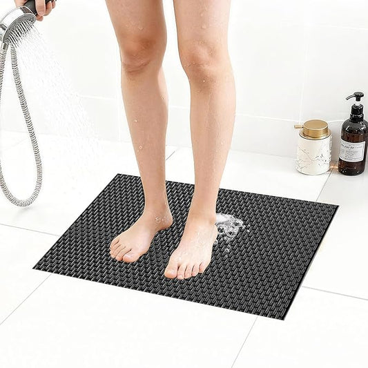 Extra Large Non-Slip Shower Mat, Fast-Dry PVC Bath Stall & Tub Mat, Drain-Hole Design,for Shower Stall Tub for Elderly/Kids，Non Slip Bathroom Safety Accessory，Black 16"x24"