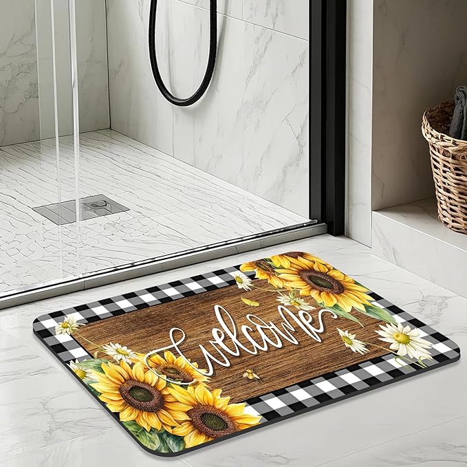 Quick Dry Bath Mat for Bathroom,Super Absorbent Sunflower Welcome Welcome Bath Rug Non-Slip Rubber,Machine Washable Bathroom Floor Mat for Shower, Tub, Sink Area Black and White Checked Wooden 16x24