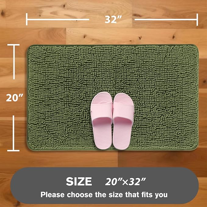 Sage Bathroom Rugs – Absorbent and Washable Bath Mat, Non-Slip, Thick Soft Chenille Bath Rugs for Bathroom Floor, Shower, Sink - 20" x 32"