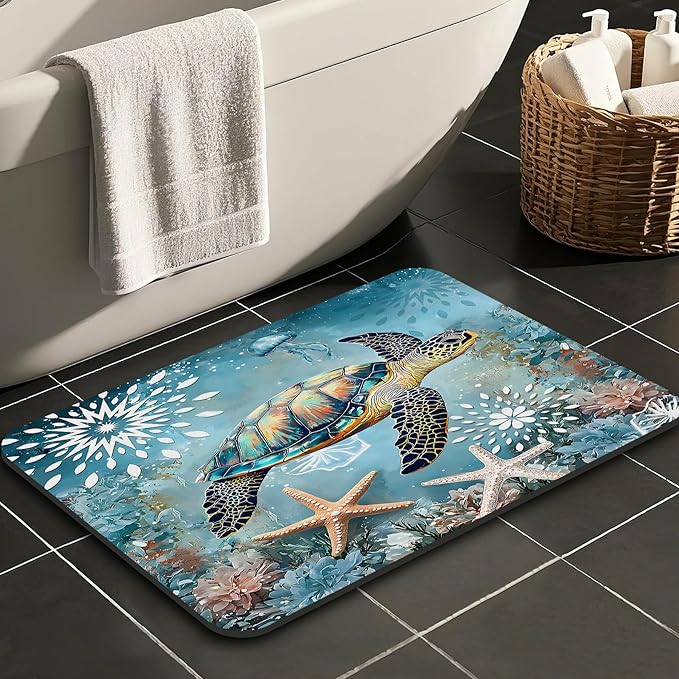 Quick Dry Bath Mat for Bathroom,Super Absorbent Beach Welcome Bath Rug Non-Slip Rubber Backing,Machine Washable Bathroom Floor Mat for Shower, Tub, Sink Area Sea Turtle Nautical Starfish 16x24