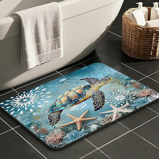 Quick Dry Bath Mat for Bathroom,Super Absorbent Beach Welcome Bath Rug Non-Slip Rubber Backing,Machine Washable Bathroom Floor Mat for Shower,Sea Turtle Nautical Starfish (16"x24"+30"x20")