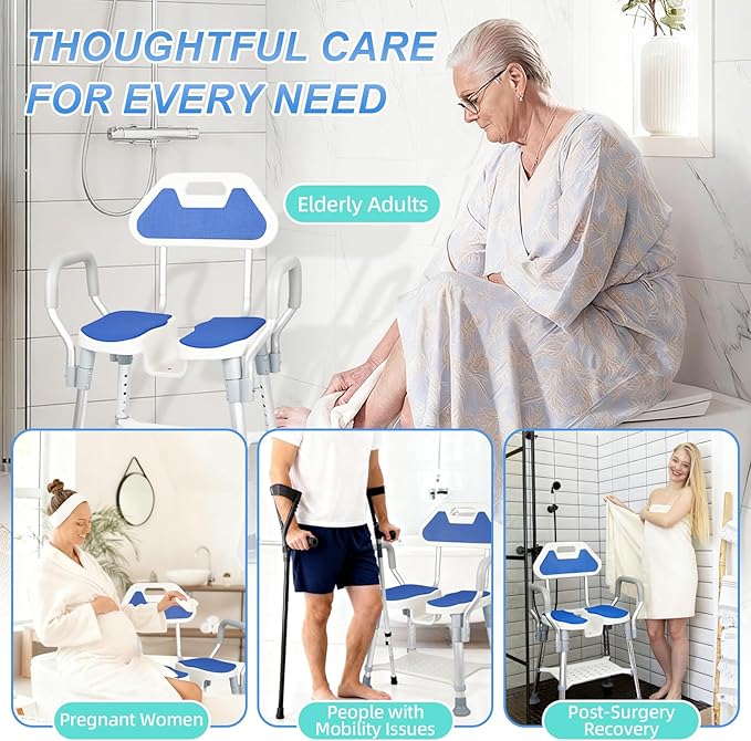 Shower Chair for Inside Shower, U-Shaped Heavy Duty Shower Chair for Elderly and Disabled, Bottom Storage Tray, 300Lbs Shower Stool with Arms and Back, Height Adjustable Seat for Bathtub