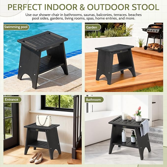 HDPS Shower Benches for Inside Shower, 17" Height Waterproof Bath Stool with 2-Tier Storage Shelf, Heavy Duty Spa Seat for Shaving Legs, Seniors & Adults, Wood-Like Texture, Black