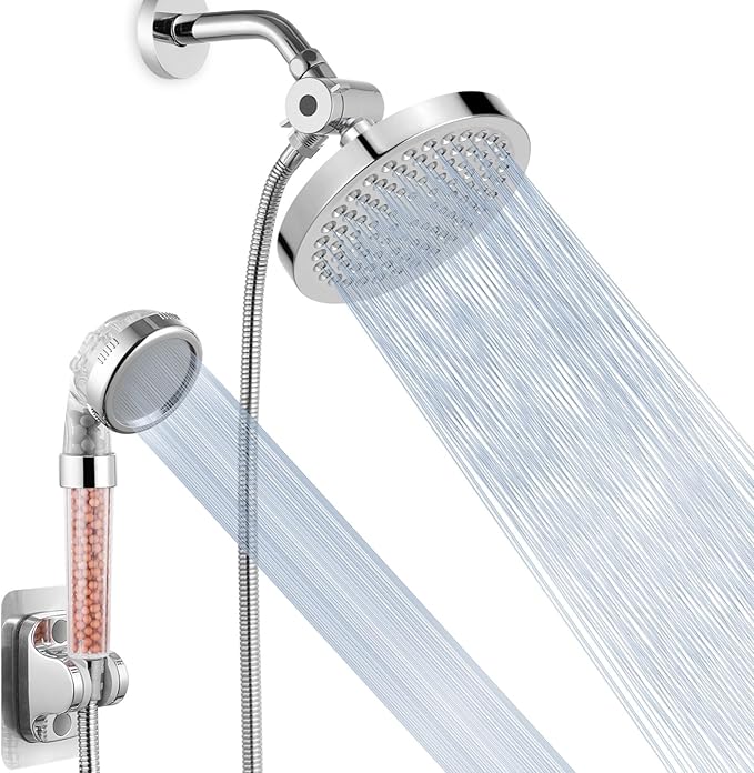 Voolan High Pressure Rain Shower Head with Handheld Spray Combo, Hand Held Filter Showerhead with Self-adhesive Holder and 59" Hose (Round, Chrome)