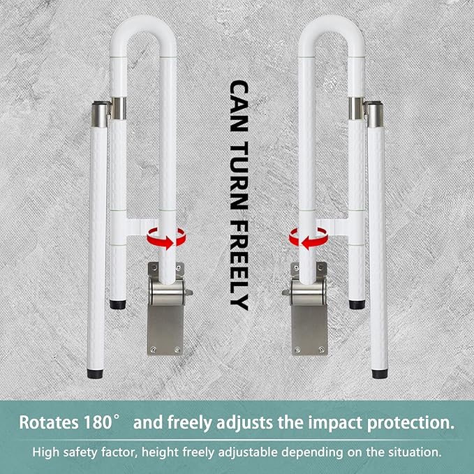 Toilet Grab Bar 23.6 Inch, Anti-Slip Support Rail U Shaped Flip-Up Grab Bar with Luminous, Stainless Steel Handicap Bathroom Safety Handrails for Elderly (White, 23.6 inch with Leg Anti-Slip)