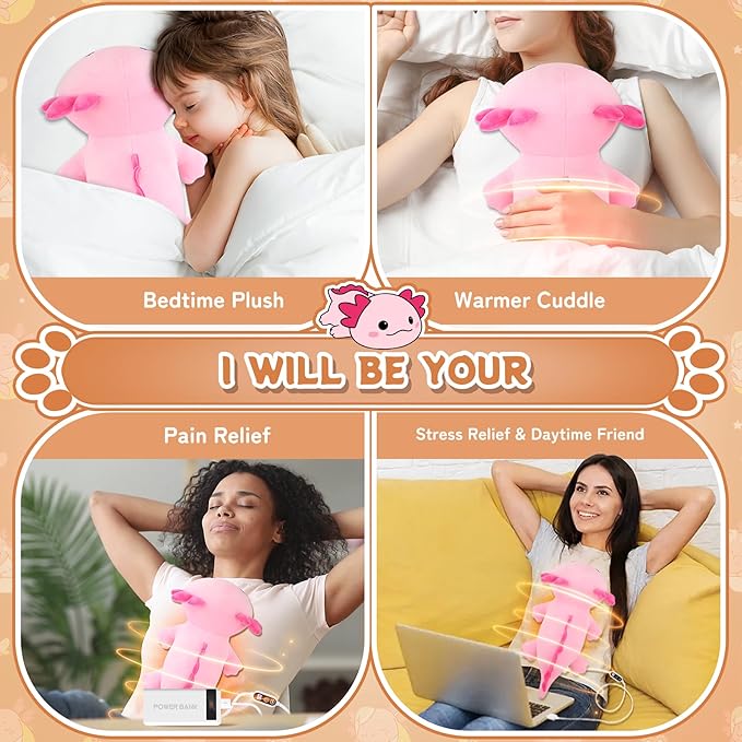 Electric Heating Pad for Period Cramps, 14'' Cuddly Pink Axolotl Plush with a Hot Soft Belly USB Powered, Menstrual Heating Pad Neck Shoulder Pain Relief, Gift for Daughter Wife Period Heating Pad