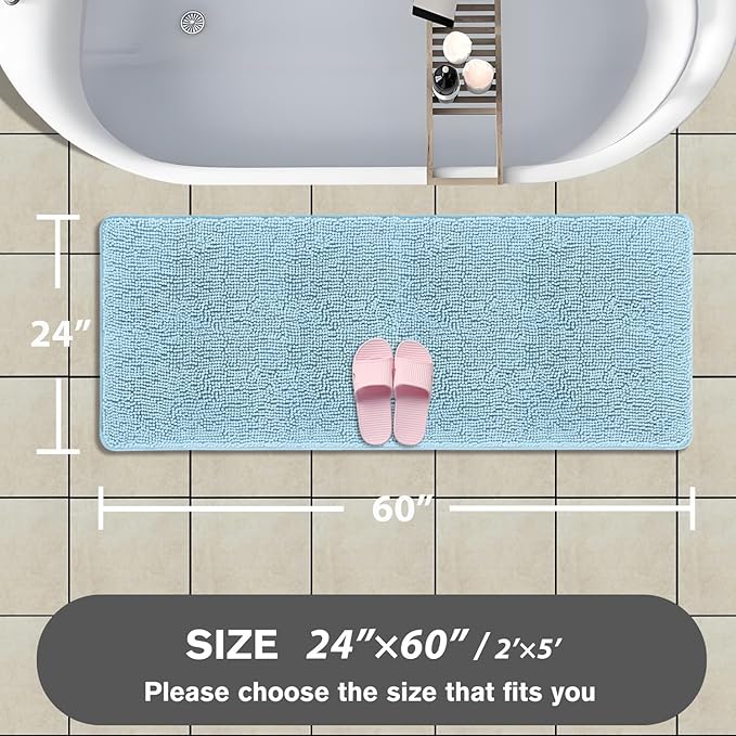 Bathroom Runner Rug 24 x 60 Inch – Extra Large Long Bath Mat | Absorbent and Washable Thick Chenille Bath Rug Non-Slip Runner Rug for Bathroom, Shower, Sink(Light Blue)