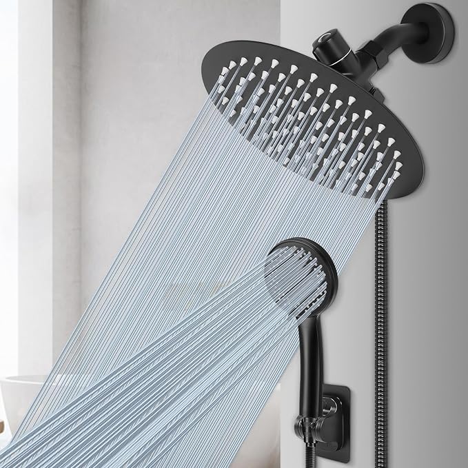 NearMoon Shower Head with Hose, High-Pressure Stainless Steel 8'' Rain Shower and 5 Settings Handheld Spray Combo with Push Button Flow Control for Easy Operation (Matte Black)