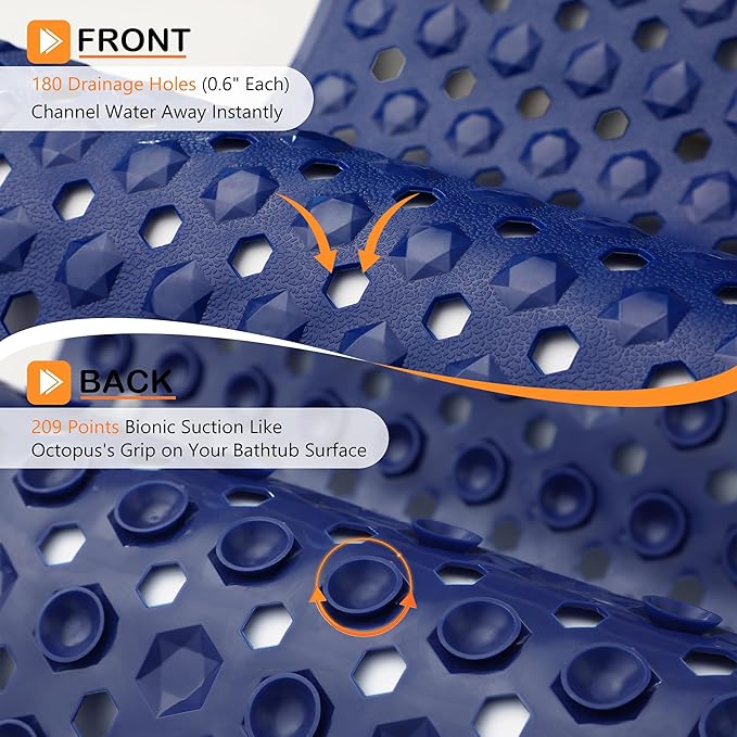Yimobra Bathtub Mat Non Slip, 27.5"x15.5" Machine Washable Shower Floor Mat, Soft on Feet, Bathmat with Drain Holes and Suction Cups, Bathroom Essentials, Dark Blue