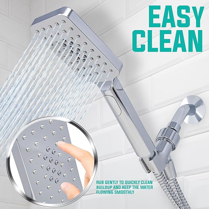 Metpure Handheld Shower Head with Easy Clicker for Multiple Sprays. Low Profile Lightweight Rectangular Shower Head. Stainless Steel Hose & Adjustable Mount Holder. Chrome Finish