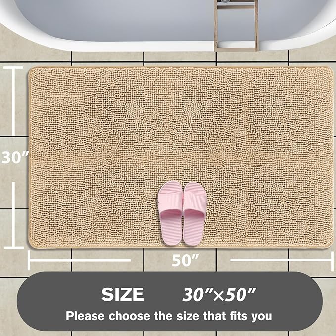Bathroom Rugs 30 x 50 Inch – Extra Large Bath Mat | Absorbent and Washable Thick Chenille Bath Rugs Non-Slip Runner Rug for Bathroom, Shower, Tub(Ivory Cream)