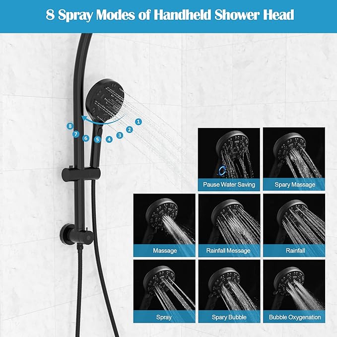 Lordear Black Shower Head Combo,8 Settings High Pressure Double Shower Head Bathroom Dual Shower Head with Handheld Ajustable Sliding Bar, Adjustable Height