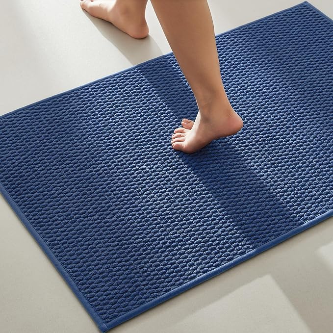 TYUU Bathroom Rugs Non Slip Washable, Super Absorbent Thin Bath Mat Quick Dry Low Pile Bathroom Rug, Navy Blue 24"x37"