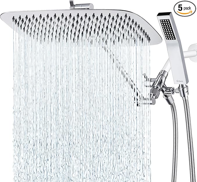 G-Promise All Metal 16 Inch Dual Square Shower Head with Handheld Spray Combo, Rain Shower Head, Adjustable Extension Arm, 3-Way Diverter, 71 Inch Extra Long Hose - A Bathroom Upgrade (Chrome)
