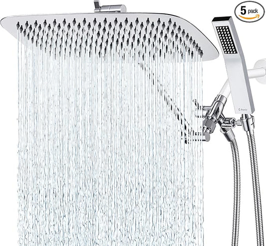 G-Promise All Metal 16 Inch Dual Square Shower Head with Handheld Spray Combo, Rain Shower Head, Adjustable Extension Arm, 3-Way Diverter, 71 Inch Extra Long Hose - A Bathroom Upgrade (Chrome)