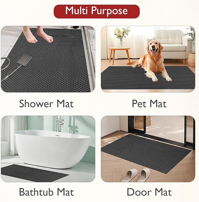 Extra Large Non-Slip Shower Mat, Fast-Dry PVC Bath Stall & Tub Mat, Drain-Hole Design,for Shower Stall Tub for Elderly/Kids，Non Slip Bathroom Safety Accessory，Black 16"x24"