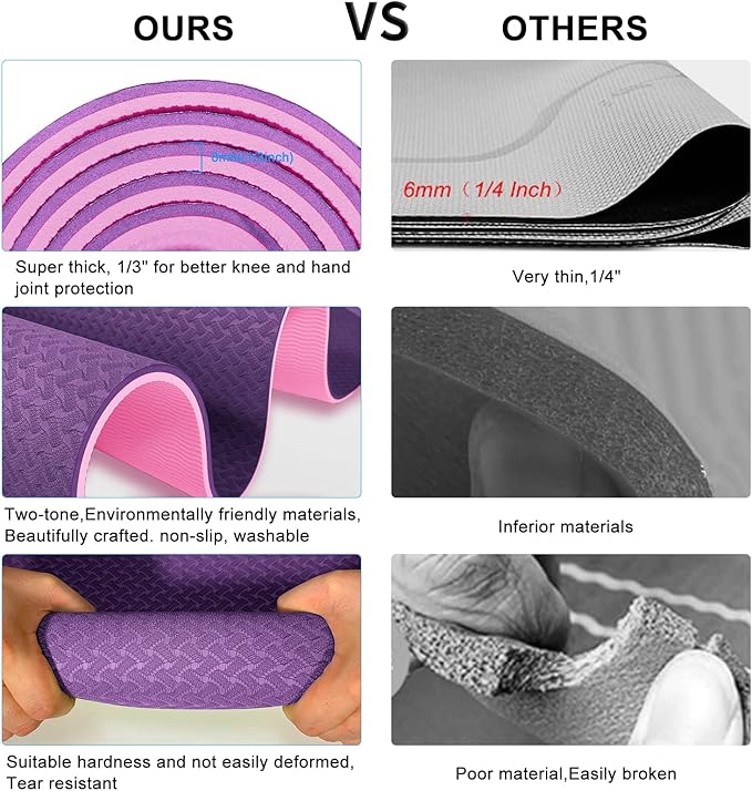 Yoga Mat 1/3" (8mm) Thick Non-Slip, Women Men Fitness & Exercise Mat, 72"Lx24"W Eco-Friendly TPE Workout Mat with Carrying Strap for Yoga, Pilates, Home Gym, Floor Exercises