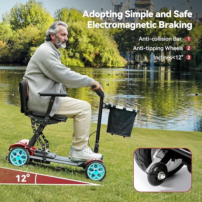 Wheelwavi Lightweight Mobility Scooter for Seniors, 20-25 Miles Portable Mobility Scooter for Travel, Removable Lithium Battery, Scooter for Adults with 330 lbs Capacity LED Headlights-RED