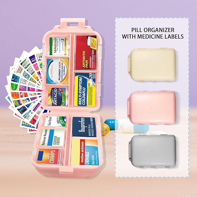 Pill Organizer with Medicine Labels 146 Labels Travel Daily Pill Container Mini Medication Organizer Storage Travel Essentials Pill Case 7 Day Pill Organizer (Beige+Pink+Grey, 3 Packs (Large))
