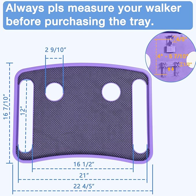 Walker Tray for Seniors with Dual Cup Holders, Side Pouch and Non-Slip Pad, Lightweight Durable Food & Drink Table, Compatible with Walker of 10210-1 Model (Purple)
