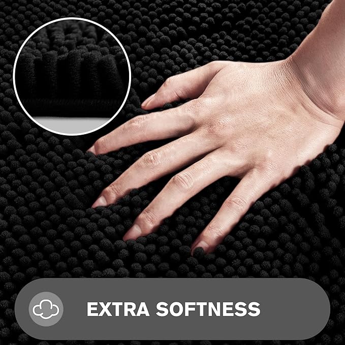 Black Bathroom Rug – Absorbent and Washable Bath Mat, Non-Slip, Thick Soft Chenille Bath Rugs for Bathroom Floor, Shower, Sink - 24" x 36"