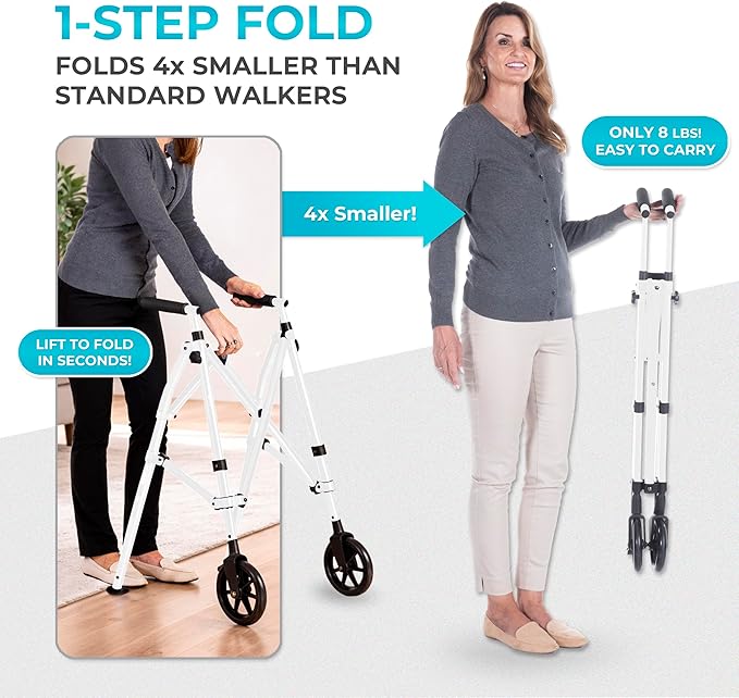 Stander Space Saver Walker, Lightweight Folding Rolling Mobility Aid for Seniors & Adults, Compact 2-Wheel Disability Device with 6-inch Wheels & Ski Glides for Walking Support, Vivid White