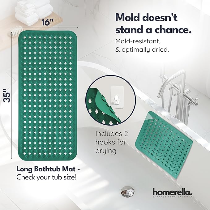 Bathtub Mat Non Slip 35x16 - homerella® Bath Mat Incl. Hooks for Drying, Extra Long, 100% BPA Free, Shower Mat Non Slip Anti Mold, Machine Washable, Shower Mats for Inside Shower Mildew Resistant