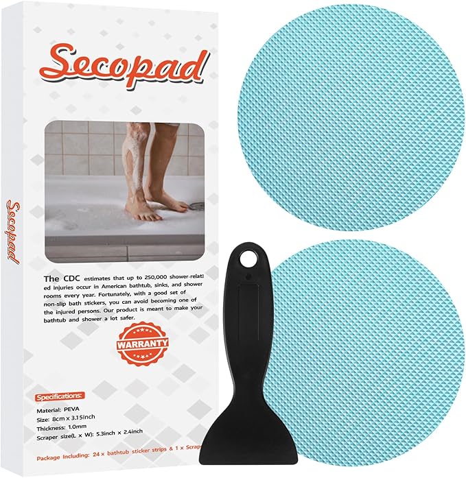 Secopad Original Bathtub Non-Slip Stickers for Tub & Shower Floor, Strong Anti-Slip Shower Stickers with Scraper Ideal for Families with Kids, Adults & Seniors, 24 PCS (Blue)