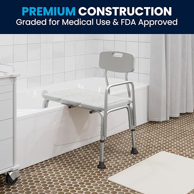 Flash Furniture HERCULES Series 300 Lb. Capacity Adjustable White Bath & Shower Transfer Bench with Back and Side Arm