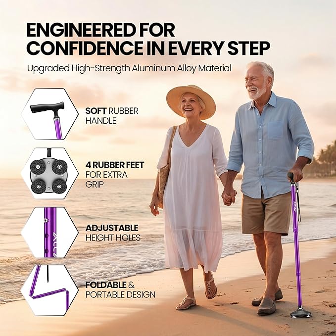 Allay Walking Canes for Men & Women - Adjustable Canes for Women for Stability, Self Standing Wide Quad Pivot Base, Light Weight, Soft Handle Grip and Travel Bag, Walking Sticks for Seniors & Adults