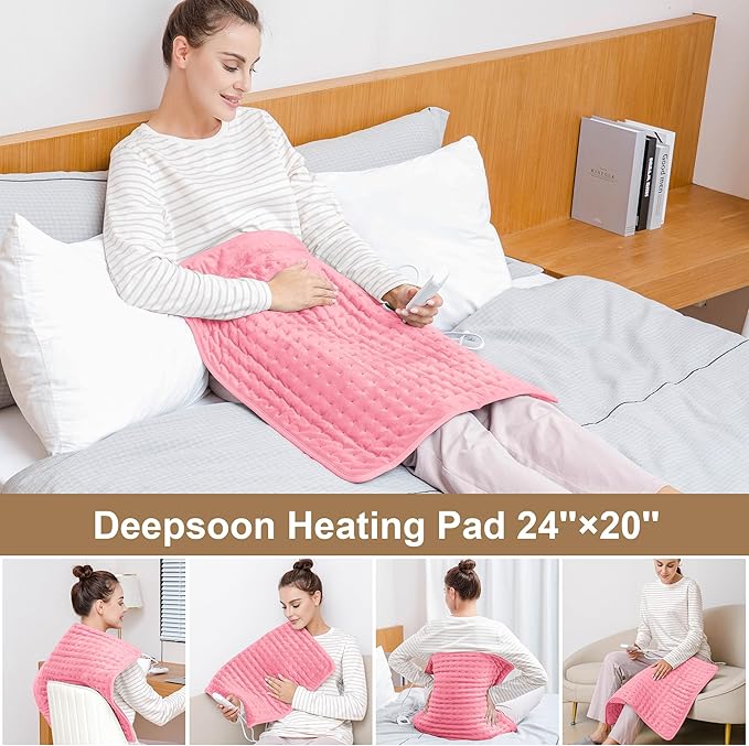 Deepsoon Heating Pad,Electric Heating Pads for Back,Neck,Moist Heating Pad for Abdomen Shoulder Knee Legs,Dry/Moist Heat&Auto Shut Off,Mother's Day Birthday for Men and Women,BabyPink,24x20 Inch