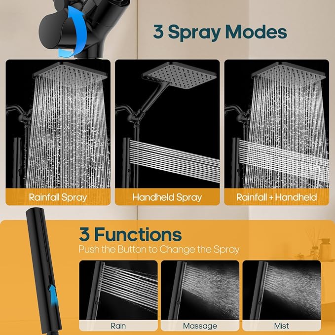 High Pressure Rain Shower Head with Handheld Combo, 10 Inch Square Rainfall Showerhead, Adjustable Slide Bar Dual Shower System, 3 Spray Modes, 59" Stainless Steel Hose, Matte Black