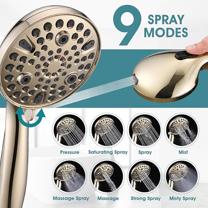 Hand Shower with Slide Bar, High Pressure 10 Setting Handheld Shower Head, Adjustable Height 24" Slide Bar, Wall Supply Elbow and 6.6ft Extra Long Shower Hose - Gold