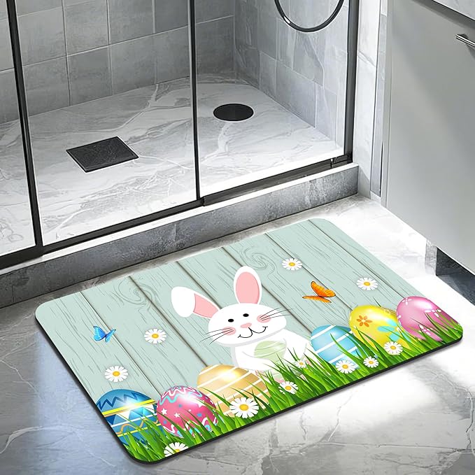 Quick Dry Bath Mat for Bathroom,Super Absorbent Spring Easter Bath Rug Non-Slip Rubber Backing,Machine Washable Bathroom Floor Mat for Shower, Tub, Sink Area Eggs Bunny Cute Rabbits 16x24