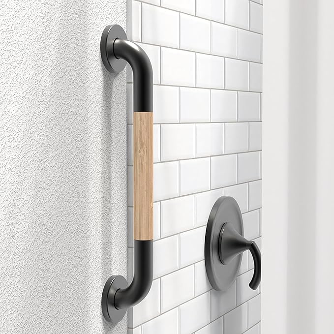 Safety Grab Bar for Bathroom & Toilet, Natural Bamboo Handle, ADA Compliant Balance Assist Handrail for Handicap and Seniors, 16in Matte Black