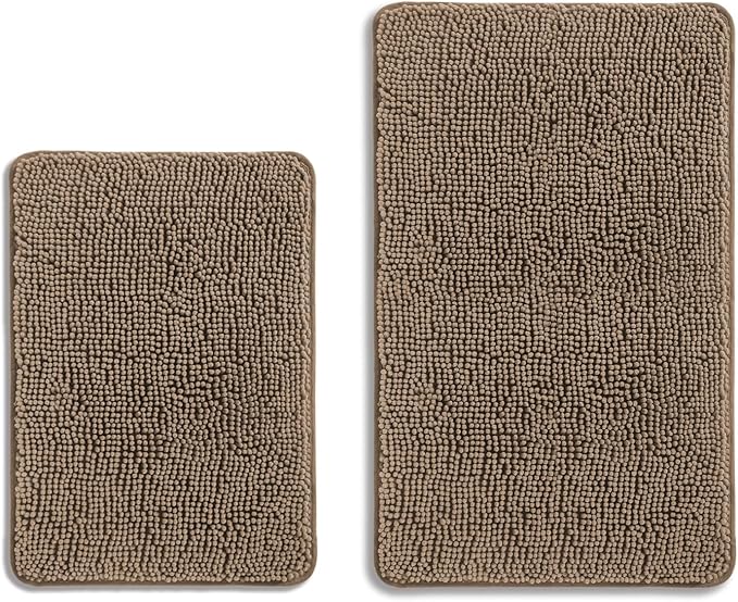 Taupe Bathroom Rugs Sets 2 Piece – Absorbent and Washable Bath Mat, Non-Slip, Thick Soft Chenille Bath Rugs for Bathroom Floor, Shower, Sink - 17" x 24"+20" x 32"
